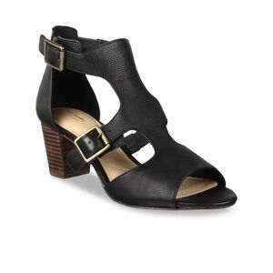Clarks Black Cutout Leather Block Heel Sandal with Brass Buckles